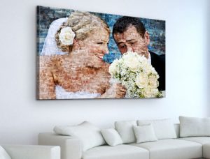 soggiorno_fotomosaico su tela_esempio coppia sposi con fiori